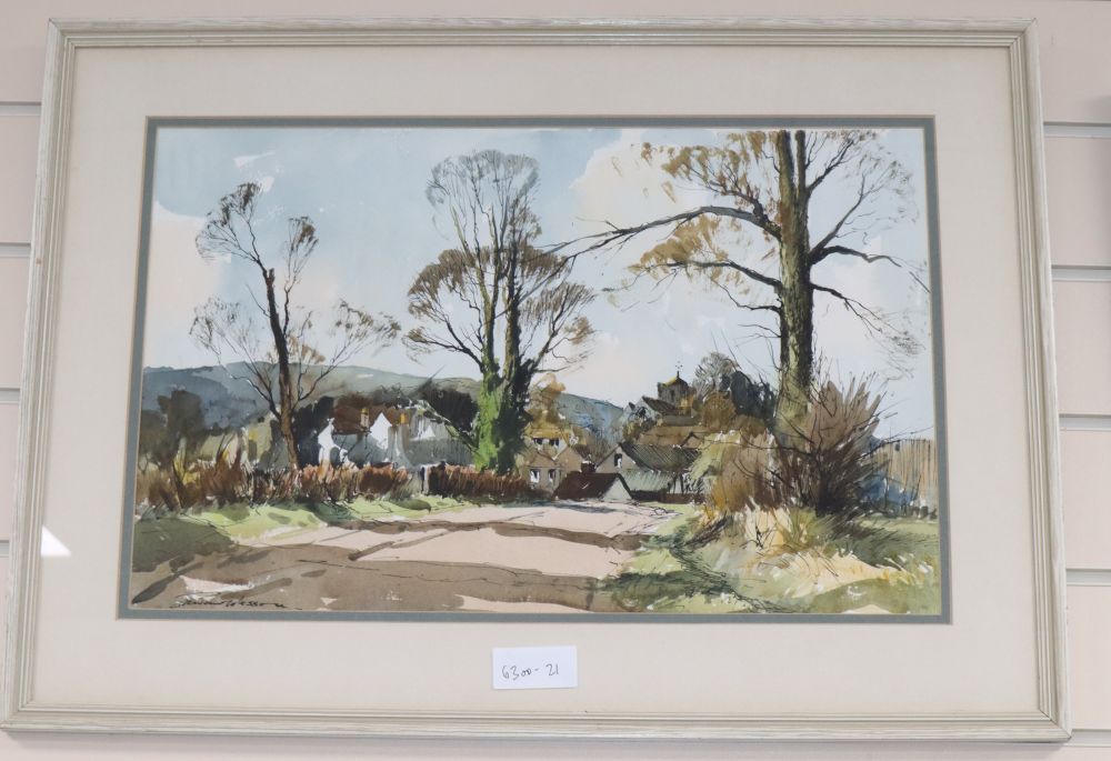Edward Wesson (1910-1983), ink and watercolour, Washington from Old Storrington Road, signed, 31 x 49cm